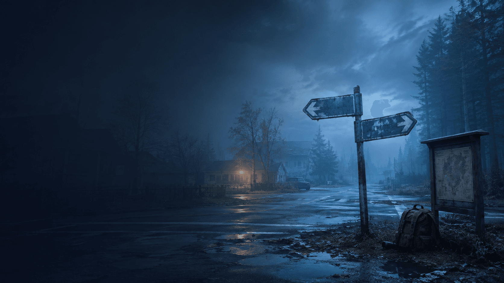 Голубая минималистичная обложка: рюкзак выжившего Project Zomboid и развилка между старым и новым миром