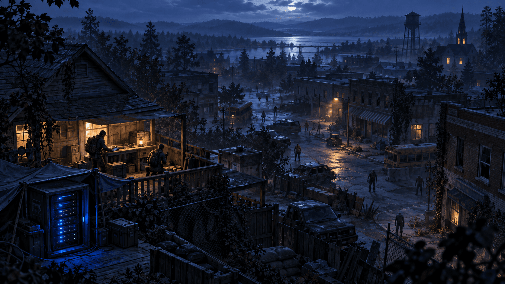 Ночной город и убежище игроков перед обновлением сервера Project Zomboid 42.21