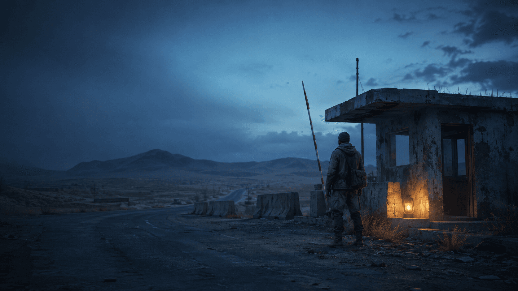 Пустынный пейзаж DayZ Badlands с силуэтом выжившего и голубым акцентом IMBA.HOST
