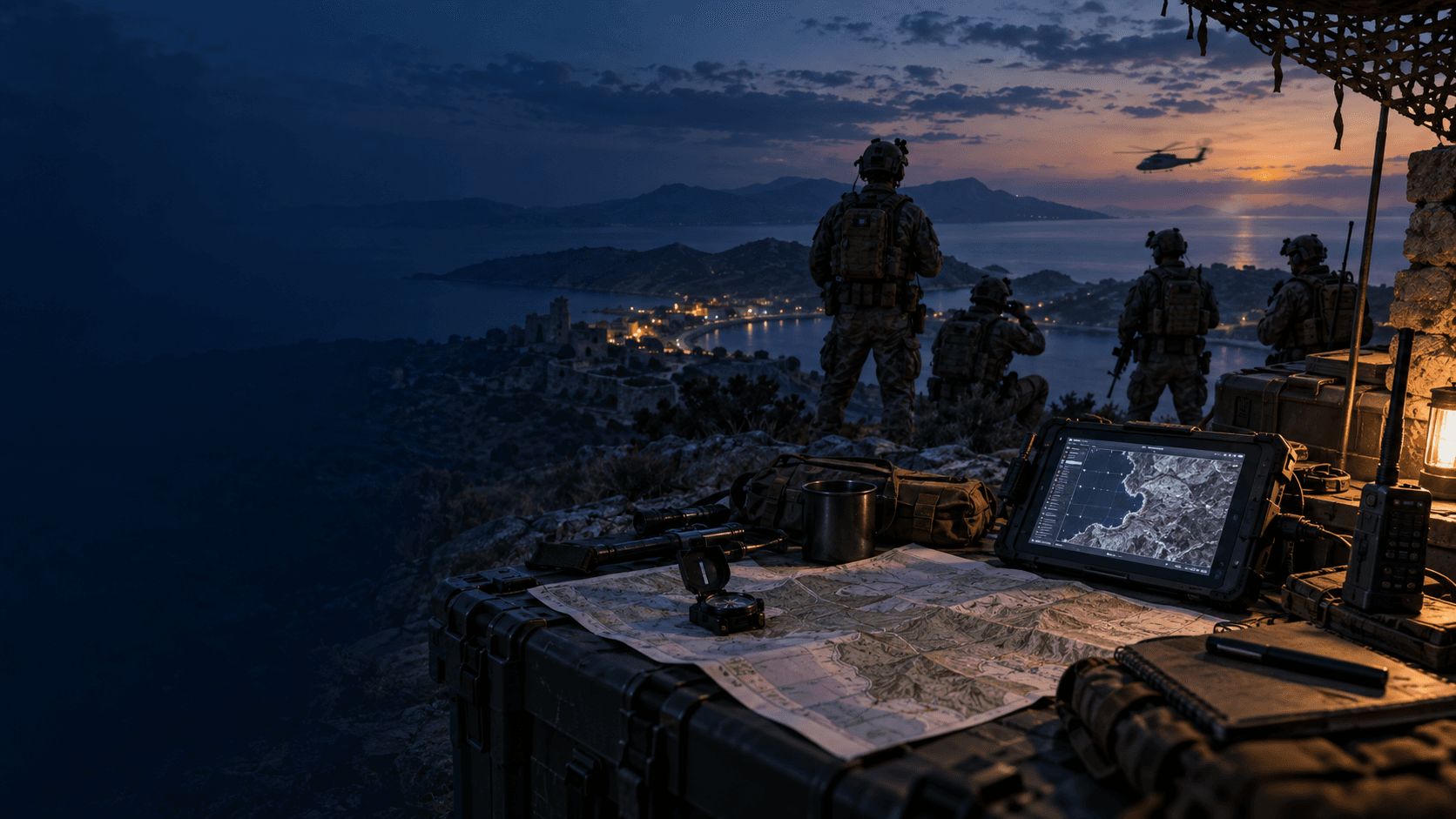 Ночная кооперативная операция Arma 3: группа игроков у карты и серверная инфраструктура в синих тонах
