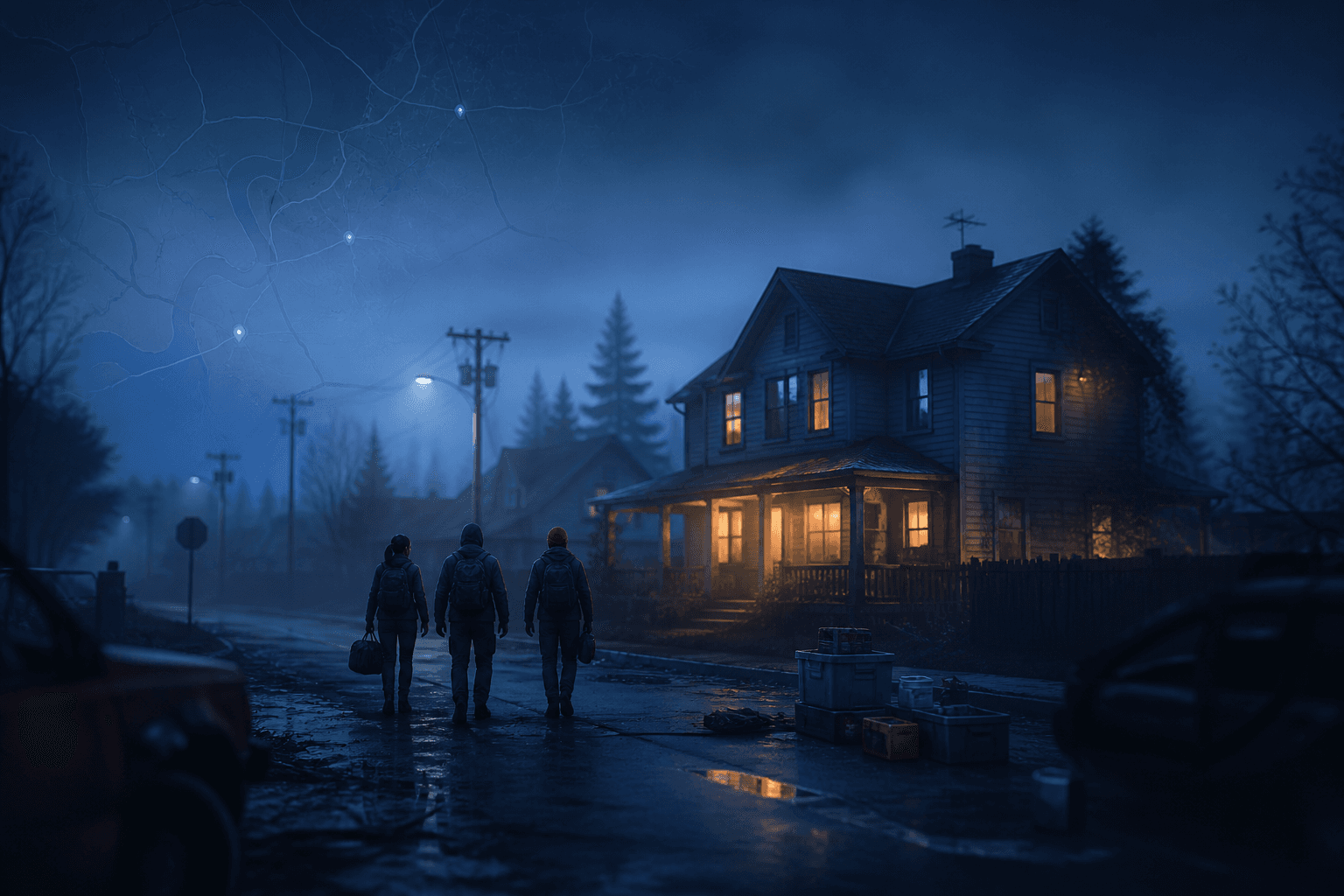 Группа выживших возвращается к освещённому дому в Project Zomboid