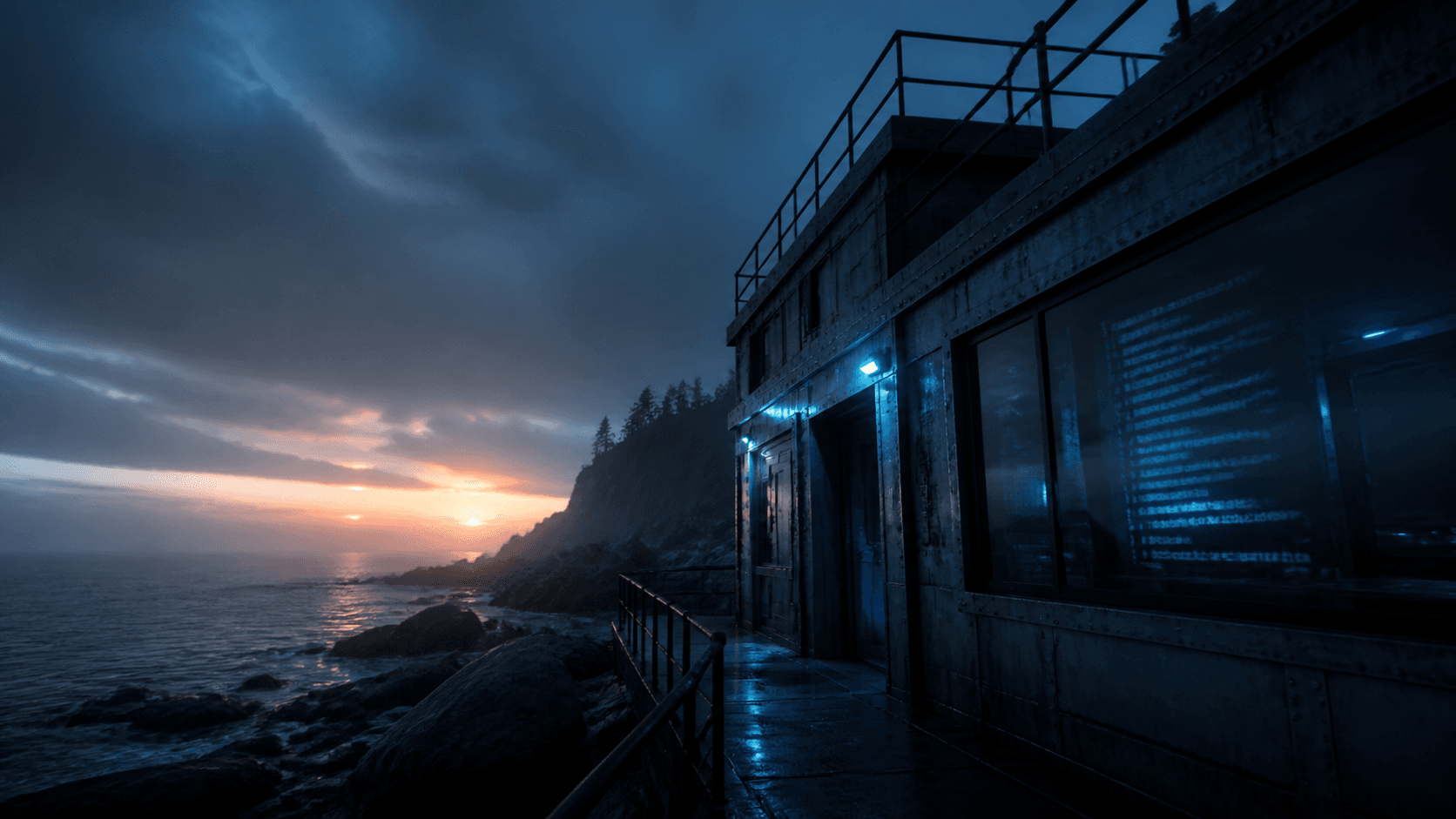 Реалистичная обложка: база Rust на побережье и серверная конфигурация в голубом свете