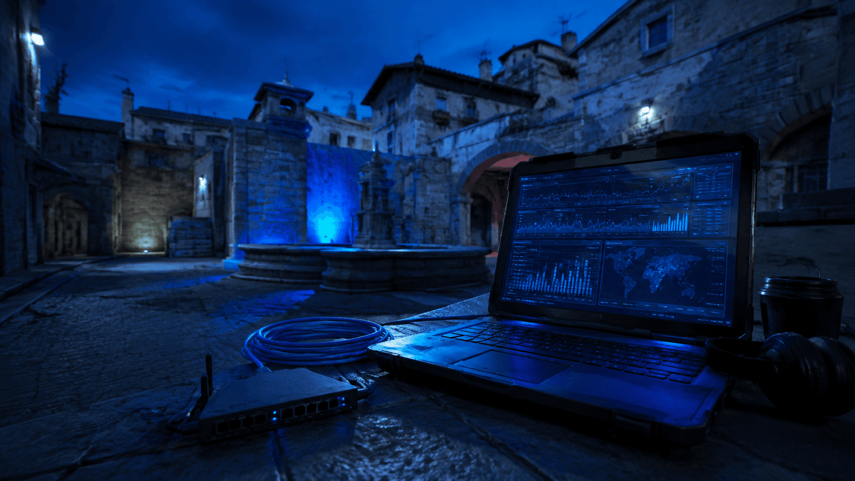 Ночной игровой сервер Counter-Strike 2 с интерфейсом мониторинга в фирменных синих тонах IMBA.HOST
