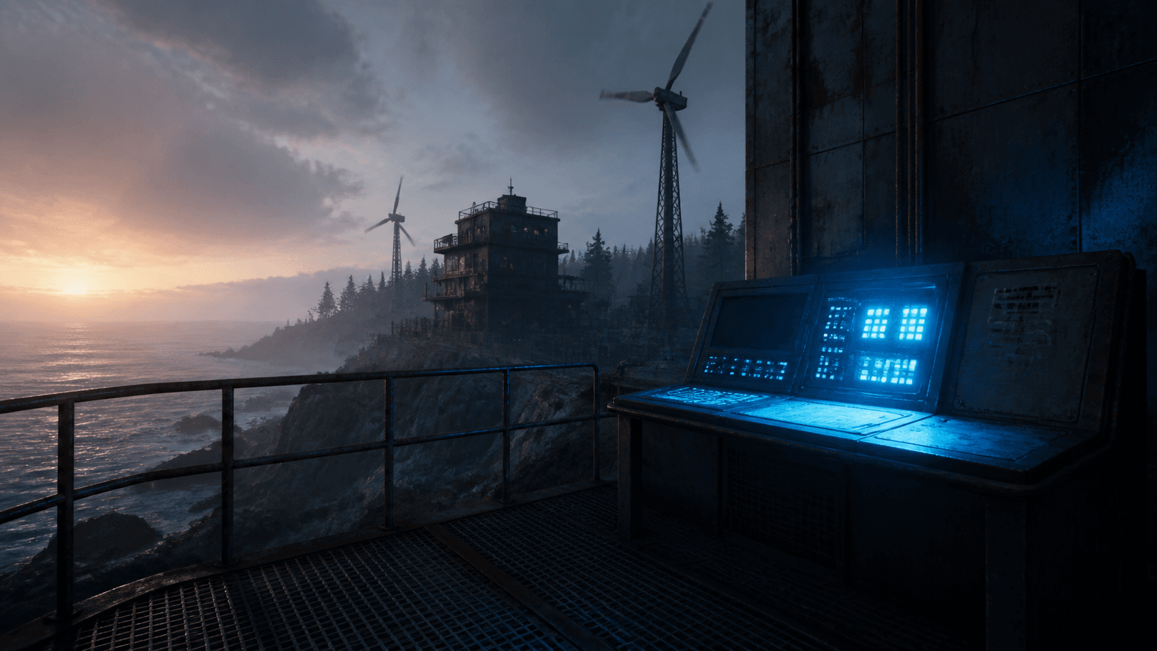База Rust у побережья и панель игрового сервера в сине-голубом стиле IMBA.HOST