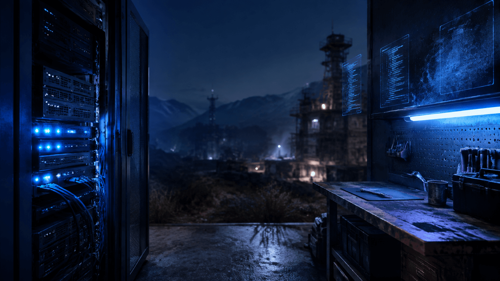 Реалистичная обложка: серверная стойка и плагины Rust в голубом свете